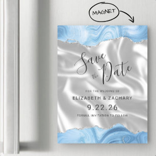 Convite Magnético Bebê Azul Prata Agate Seda Branca Salvar Data
