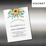 Convite Magnético Berçário de girassol de aniversário eucalipto verd<br><div class="desc">Para uma festa de aniversário de 40ª (ou qualquer idade). Um fundo branco decorado com girassóis de cor aquosa,  verde de eucalipto. Personalize e adicione seu nome e detalhes da festa.</div>