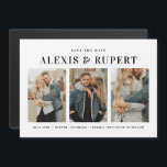 Convite Magnético Black Bold Typography Three Photo Save the Date<br><div class="desc">Show off your style with this customizable photo Save the Date magnet featuring bold retro typography and a three-photo layout. Add your names, wedding date, and location alongside three of your favorite photos to create a unique and memorable announcement. The retro type adds a fun, vintage-inspired vibe, while the multi-photo...</div>