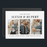 Convite Magnético Black Bold Typography Three Photo Save the Date<br><div class="desc">Show off your style with this customizable photo Save the Date magnet featuring bold retro typography and a three-photo layout. Add your names, wedding date, and location alongside three of your favorite photos to create a unique and memorable announcement. The retro type adds a fun, vintage-inspired vibe, while the multi-photo...</div>