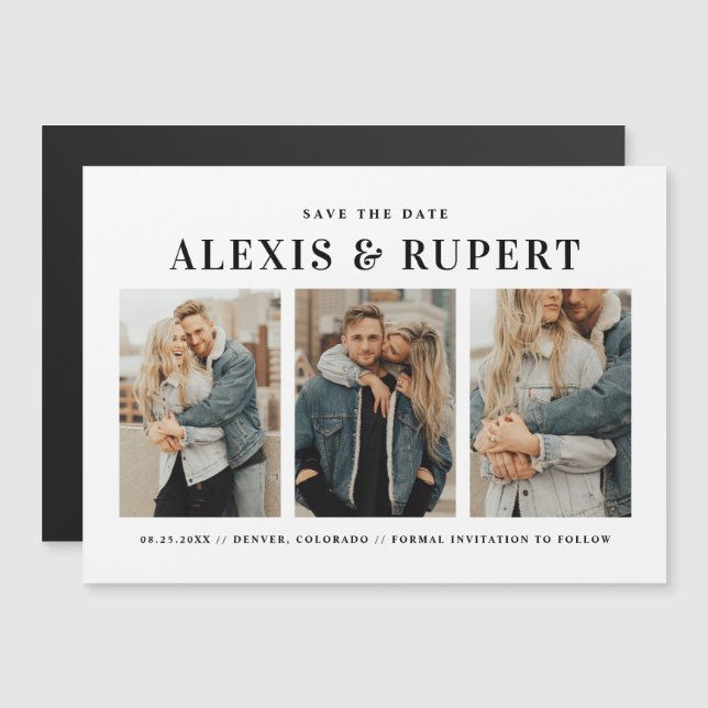 Convite Magnético Black Bold Typography Three Photo Save the Date (Frente/Verso)