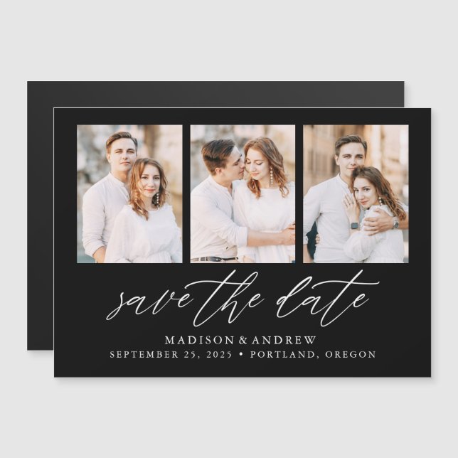 Convite Magnético Black Elegant Script 3 Foto Colagem Save the Date (Frente/Verso)