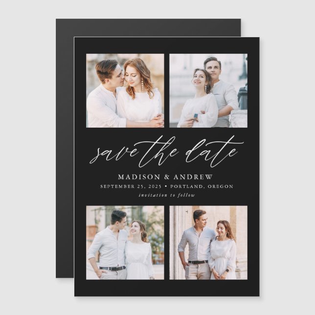 Convite Magnético Black Elegant Script 4 Foto Colagem Save The Date (Frente/Verso)