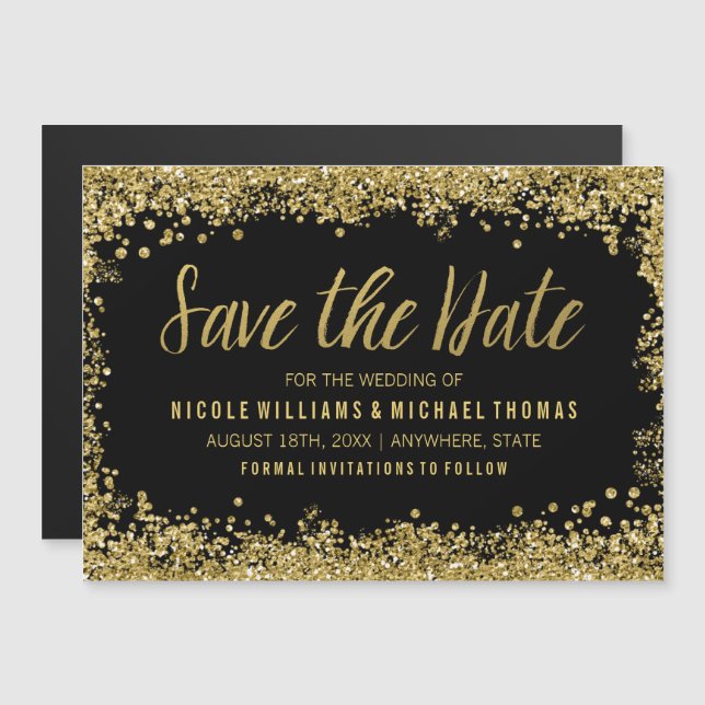 Convite Magnético Black Gold Faux Brilho Save the Date (Frente/Verso)