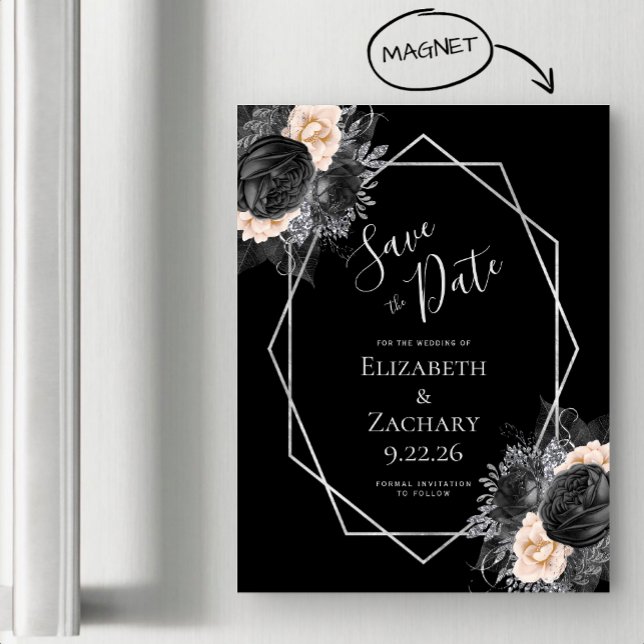 Convite Magnético Black Peach Floral Geo Salvar a Data (Criador carregado)