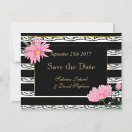 Convite Magnético Black Stripes Lace and Pink Daisies Salva a Data
