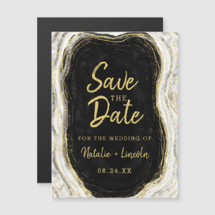 Convite Magnético Black White & Gold Geode Casamento Save the Date