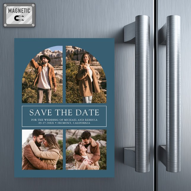 Convite Magnético Blue Arch Photo Collage Wedding Save the Date (Criador carregado)