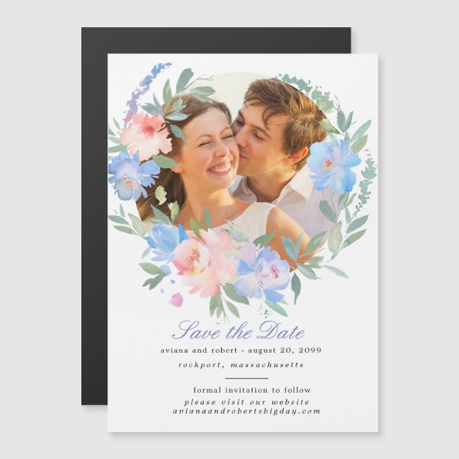 Convite Magnético Blue Floral Wreath Save the Date Magnetic Card (Frente/Verso)