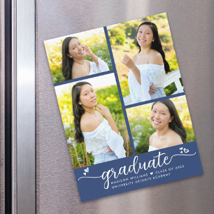 Convite Magnético Blue Graduation 4 Photo Script Heart Modern Girly