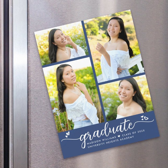 Convite Magnético Blue Graduation 4 Photo Script Heart Modern Girly (Criador carregado)