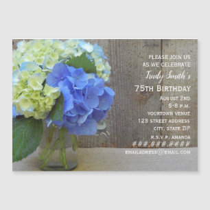 Convite Magnético Blue Hydrangea Barnwood Mason Jar Mature Birthday