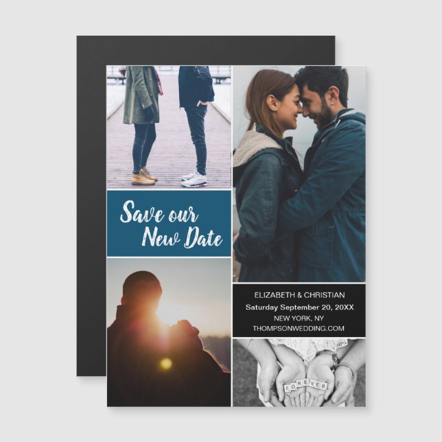Convite Magnético Blue Save our New Date Photo Change the Date (Salv (Frente/Verso)