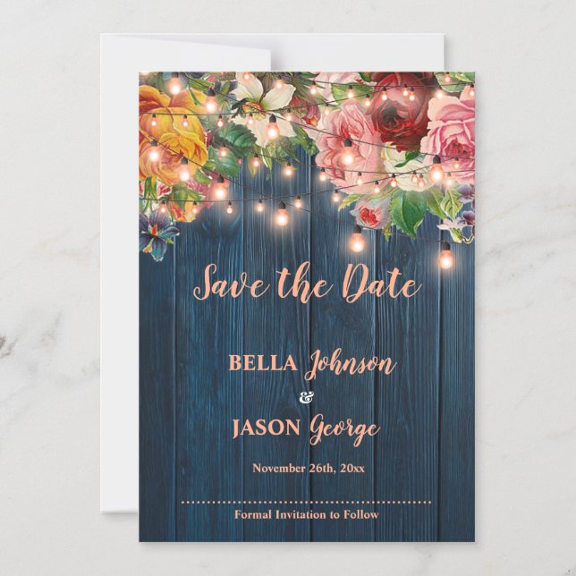 Convite Magnético Blue Wood Floral String Lights Save The Date (Frente)