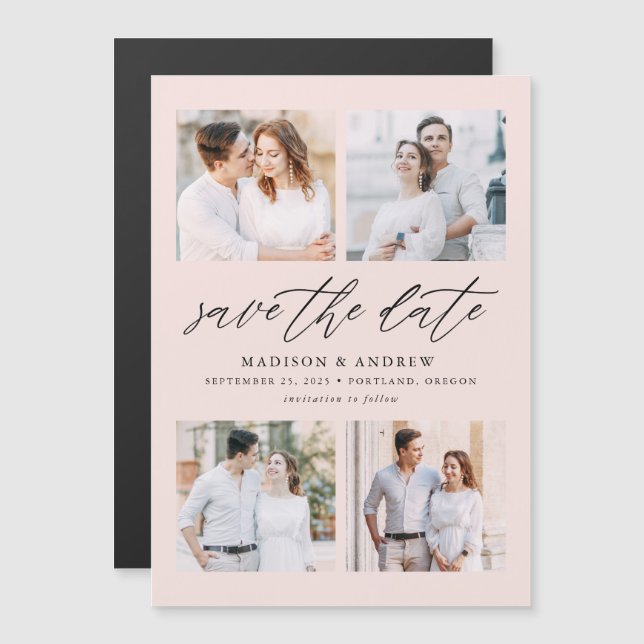 Convite Magnético Blush Elegant Script 4 Colagem de Fotos Save The D (Frente/Verso)