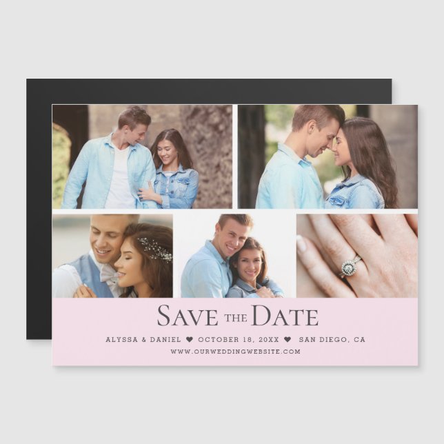 Convite Magnético Blush pink Wedding Save the Date Photo Grid  (Frente/Verso)