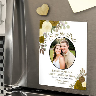Convite Magnético Boho Floral e Foto Dourado Casamento Salve a Data