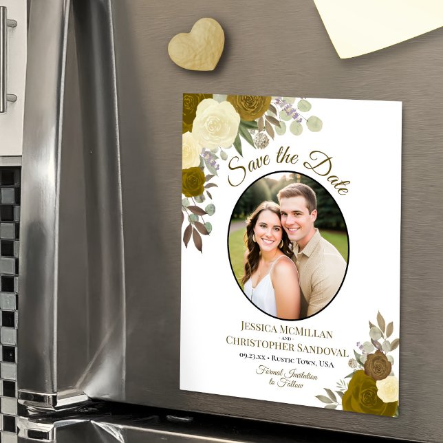 Convite Magnético Boho Floral e Foto Dourado Casamento Salve a Data (Magnetic Card for Easy Display)