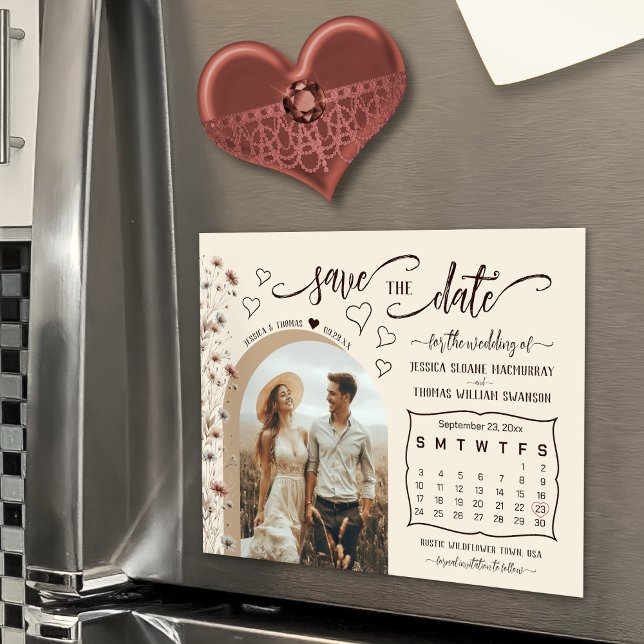 Convite Magnético Boho Wildflowers Calendar & Photo Save the Date (Magnetic for Convenient Display!)