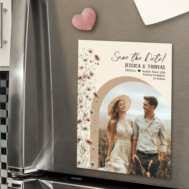 Convite Magnético Boho Wildflowers Photo Arch Wedding Save the Date (Magnetic for Easy Display!)