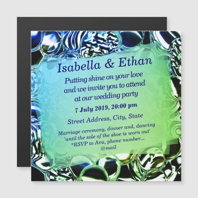 Convite Magnético Bolhas de vidro ou de azul-chuvoso e verde (Frente/Verso)