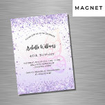Convite Magnético Borboleta de aniversário roxa violeta de lavanda l<br><div class="desc">Para uma elegante festa de aniversário 40th (ou qualquer idade). Um plano de fundo branco e violeta. Decorado com brilho violeta,  faíscas e uma borboleta grande. Personalize e adicione um nome e detalhes da parte. O nome é escrito com um script de estilo manuscrito</div>