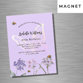 Convite Magnético Borboleta de aniversário violeta flores silvestres