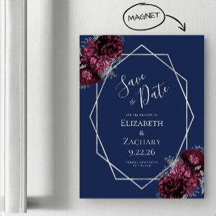 Convite Magnético Borgonha Floral Azul Marinho Prata Casamento Salve