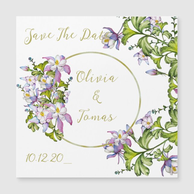 Convite Magnético Buquê elegante de columbinas aquarela (Frente)