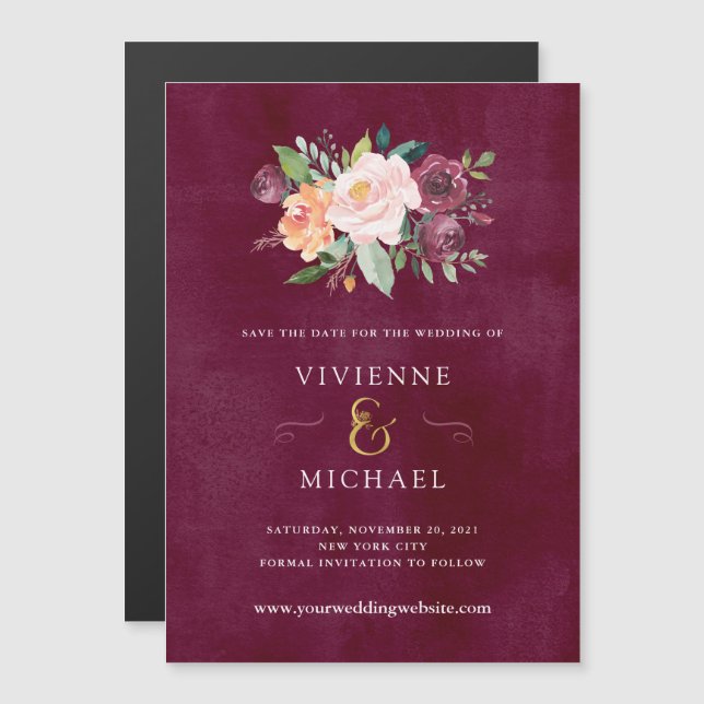 Convite Magnético Burgundy Blush | Casamento Floral Salvar a Data (Frente/Verso)