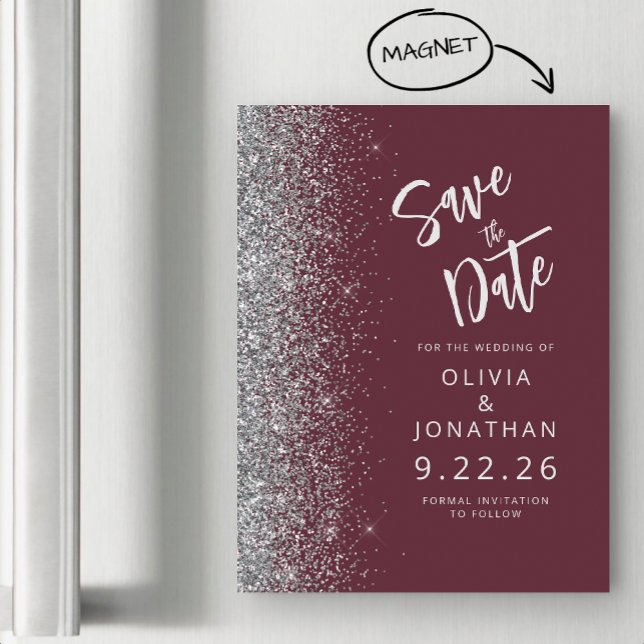 Convite Magnético Burgundy Casamento Silver Save the Date (Criador carregado)