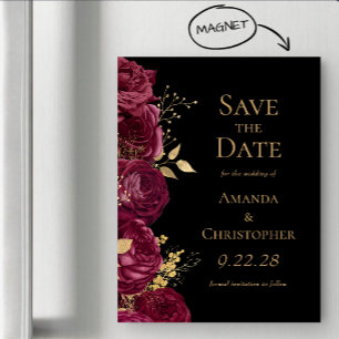 Convite Magnético Burgundy Dourado Preto Floral Casamento Salve a Da