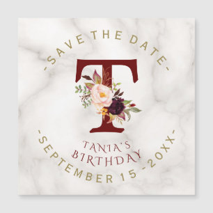 Convite Magnético Burgundy Floral Dourada Marble Birthday Salvar Dat