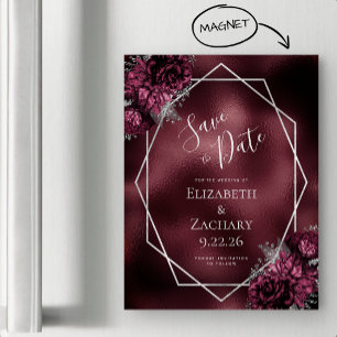 Convite Magnético Burgundy Foil Floral Prata Casamento Save the Date