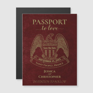 Convite Magnético Burgundy Red Passport Casamento Cute Salvar Data