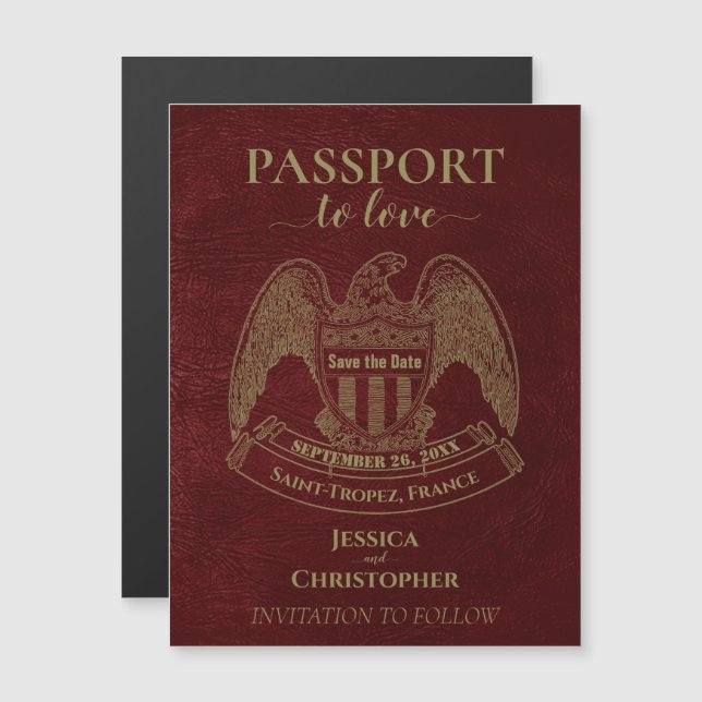 Convite Magnético Burgundy Red Passport Casamento Cute Salvar Data (Frente/Verso)