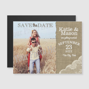 Convite Magnético Burlap and Lace Rustic Photo Save the Date (Foto d