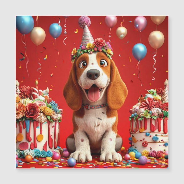 Convite Magnético Cachorro Beagle Adorável Comemora Aniversário (Frente)