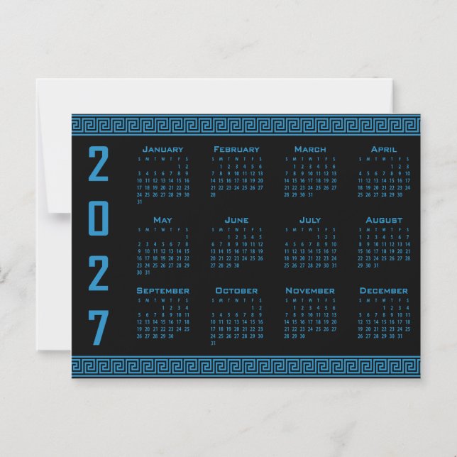 Convite Magnético Calendário 2027, Fretwork Grego, Azul Cosmos sobre (Frente)