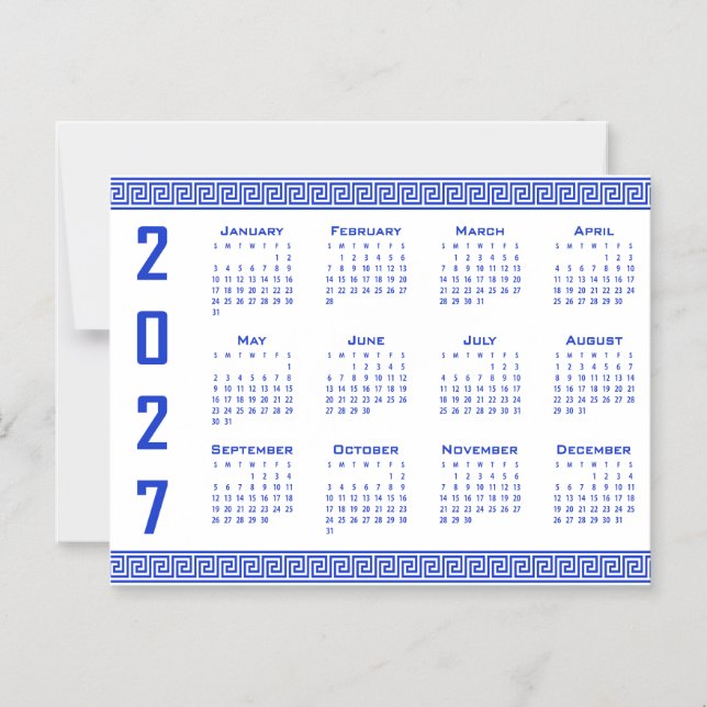 Convite Magnético Calendário 2027, Fretwork Grego, Azul Grego sobre  (Frente)