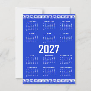Convite Magnético Calendário 2027, Fretwork Grego, Branco sobre Azul