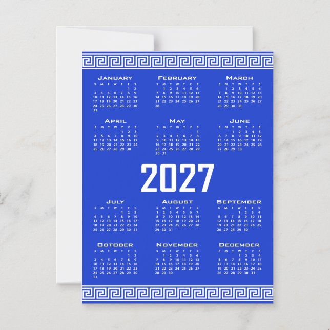 Convite Magnético Calendário 2027, Fretwork Grego, Branco sobre Azul (Frente)