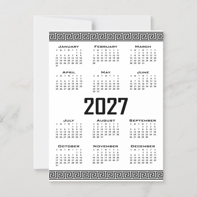 Convite Magnético Calendário 2027, Fretwork Grego, Preto no Branco (Frente)
