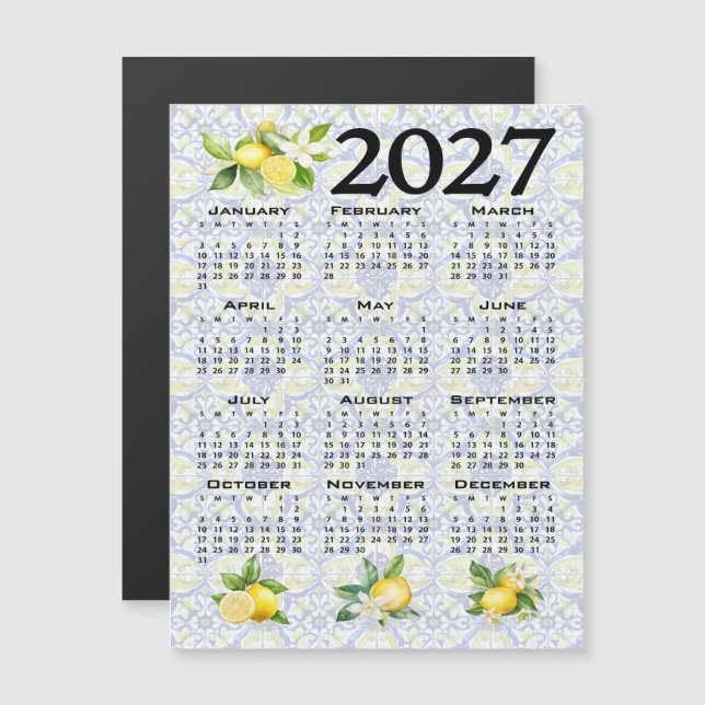 Convite Magnético Calendário 2027 Limões Azulejos Mediterrâneo Itali (Frente/Verso)