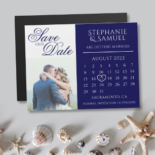 Convite Magnético Calendário de Casamento Azul do marinho Foto para 