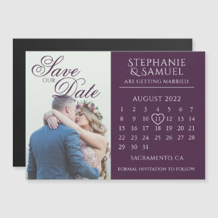 Convite Magnético Calendário de Casamento Roxo Elegante Salve a Data