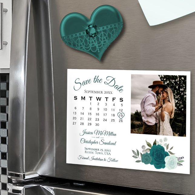 Convite Magnético Calendário de Rosas Teal & Aqua e Foto para salvar (Magnetic for Easy Display!)