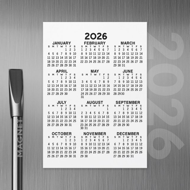 Convite Magnético Calendário de Visualização do Ano de cheio - Cartã (2026 Calendar with a Magnetic Back)