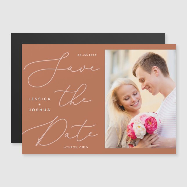Convite Magnético Caligrafia Ferrugem e Imã salve a data rosa (Frente/Verso)