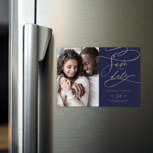 Convite Magnético Caligrafia romântica de Marinho Foto para salvar a